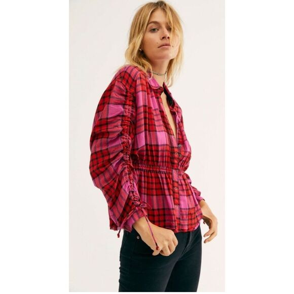 Free People We The Free Pacific Dawn Drawstring Plaid Shirt Red Women's Medium - Picture 2 of 9